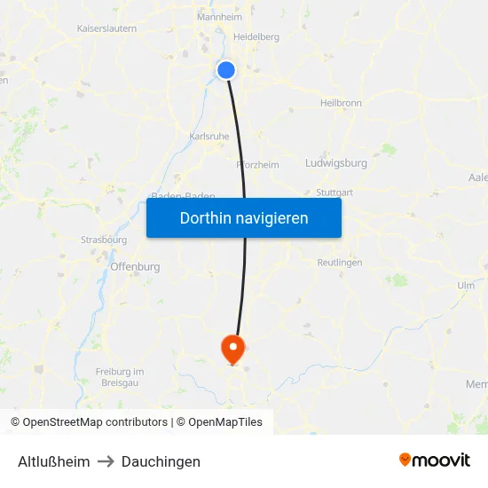Altlußheim to Dauchingen map