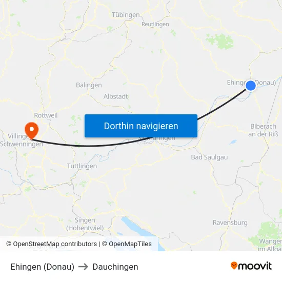 Ehingen (Donau) to Dauchingen map