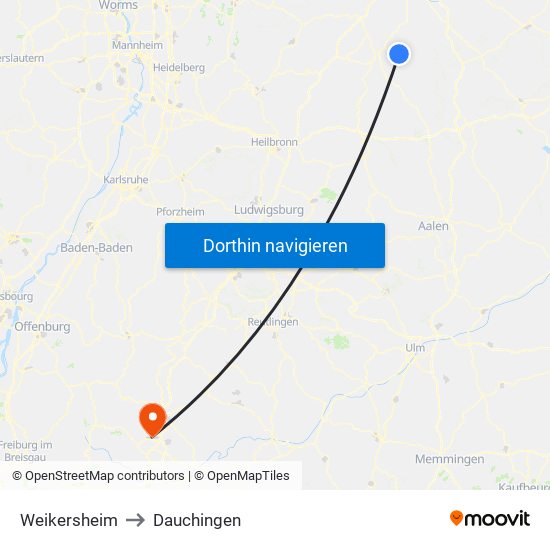 Weikersheim to Dauchingen map