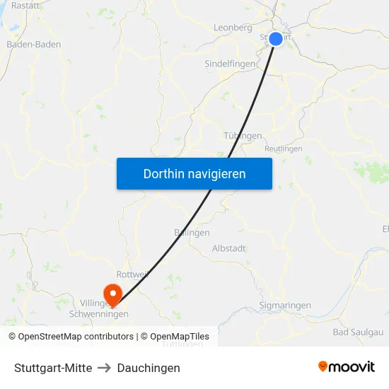 Stuttgart-Mitte to Dauchingen map
