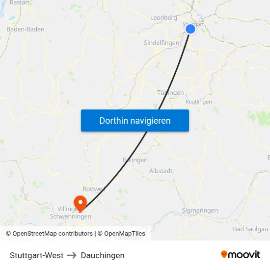 Stuttgart-West to Dauchingen map