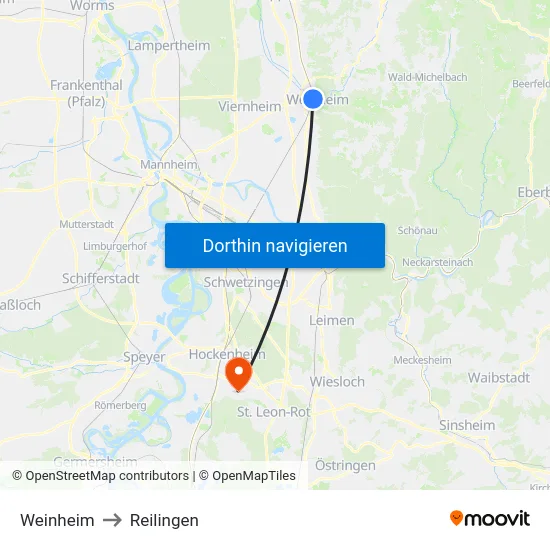 Weinheim to Reilingen map