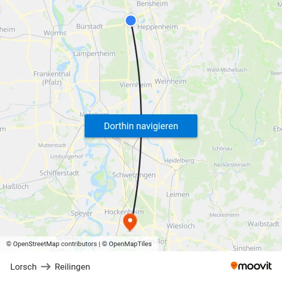 Lorsch to Reilingen map