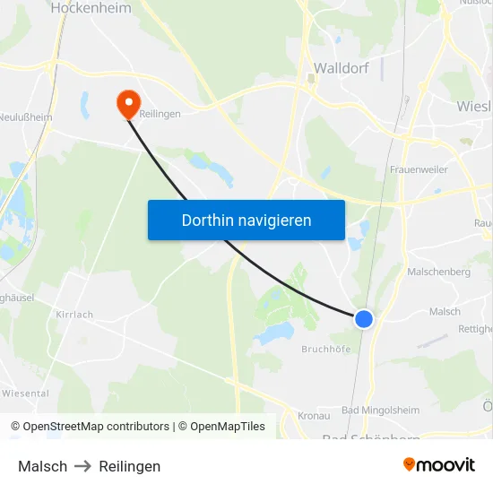 Malsch to Reilingen map
