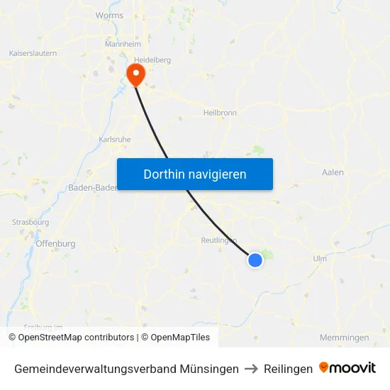 Gemeindeverwaltungsverband Münsingen to Reilingen map