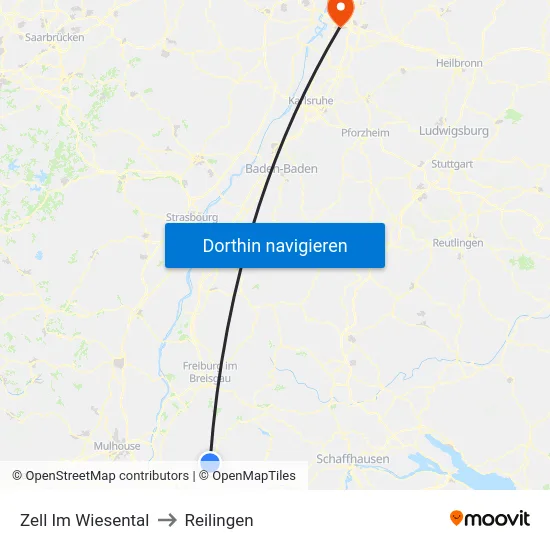 Zell Im Wiesental to Reilingen map