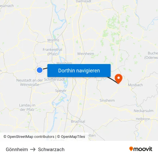Gönnheim to Schwarzach map