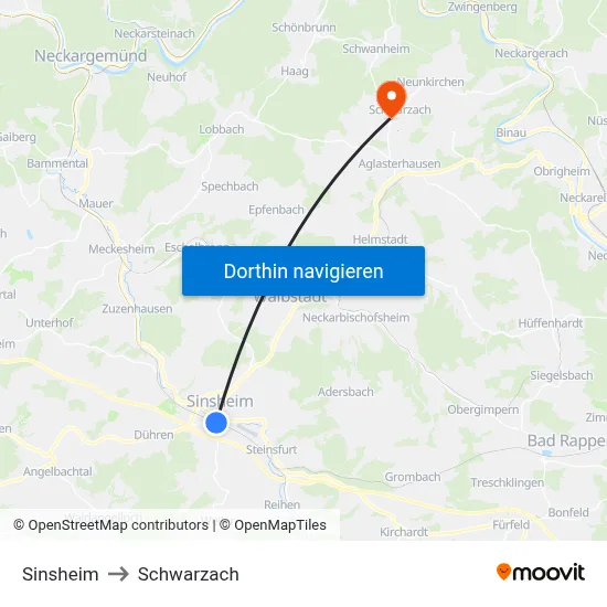 Sinsheim to Schwarzach map