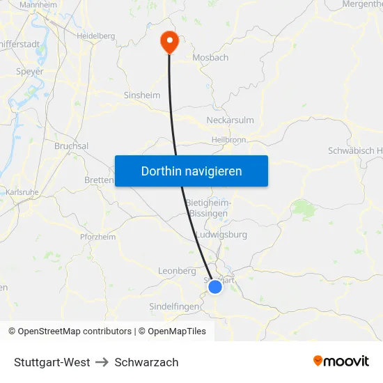 Stuttgart-West to Schwarzach map