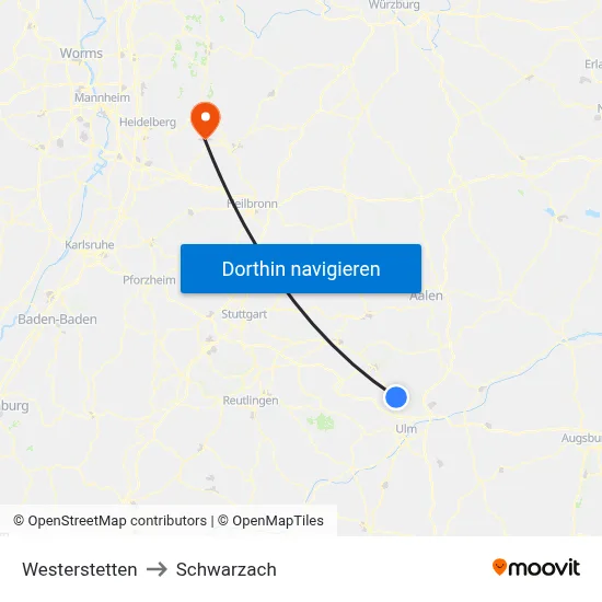 Westerstetten to Schwarzach map