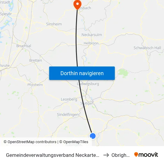 Gemeindeverwaltungsverband Neckartenzlingen to Obrigheim map