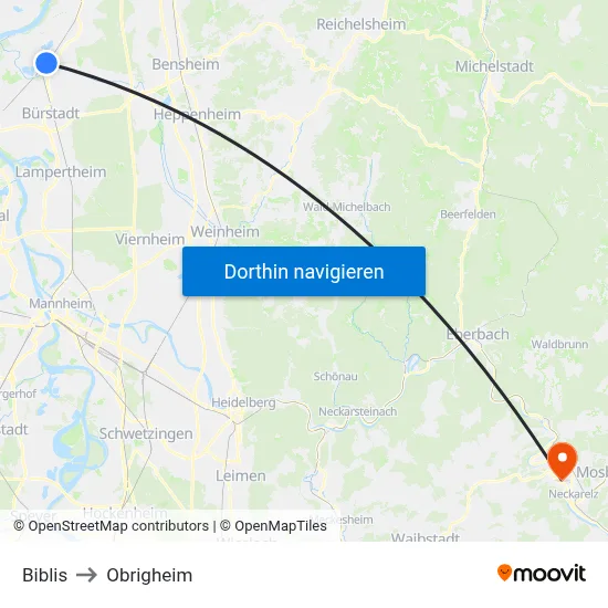 Biblis to Obrigheim map