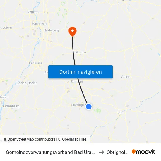 Gemeindeverwaltungsverband Bad Urach to Obrigheim map
