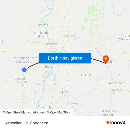 Kirrweiler to Obrigheim map