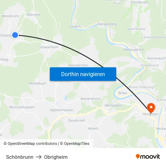 Schönbrunn to Obrigheim map