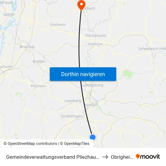 Gemeindeverwaltungsverband Pliezhausen to Obrigheim map