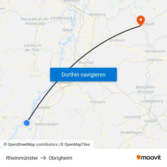 Rheinmünster to Obrigheim map