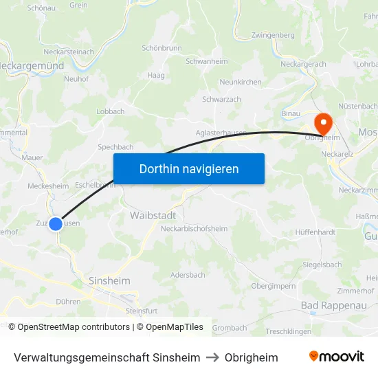 Verwaltungsgemeinschaft Sinsheim to Obrigheim map
