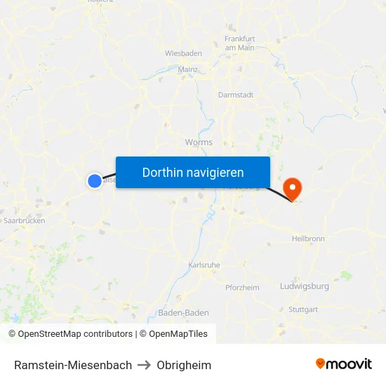 Ramstein-Miesenbach to Obrigheim map