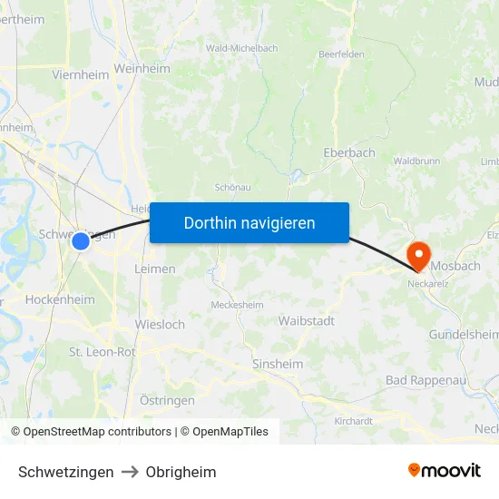 Schwetzingen to Obrigheim map
