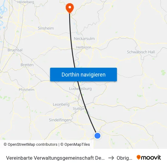 Vereinbarte Verwaltungsgemeinschaft Der Stadt Nürtingen to Obrigheim map