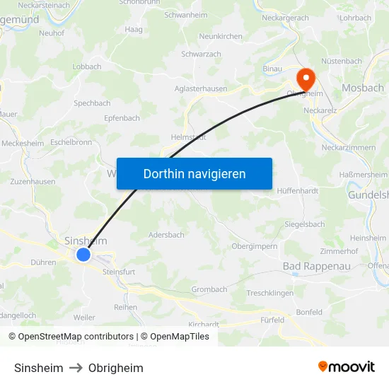 Sinsheim to Obrigheim map