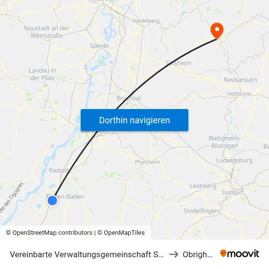 Vereinbarte Verwaltungsgemeinschaft Sinzheim to Obrigheim map