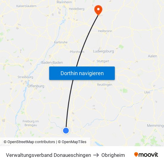 Verwaltungsverband Donaueschingen to Obrigheim map