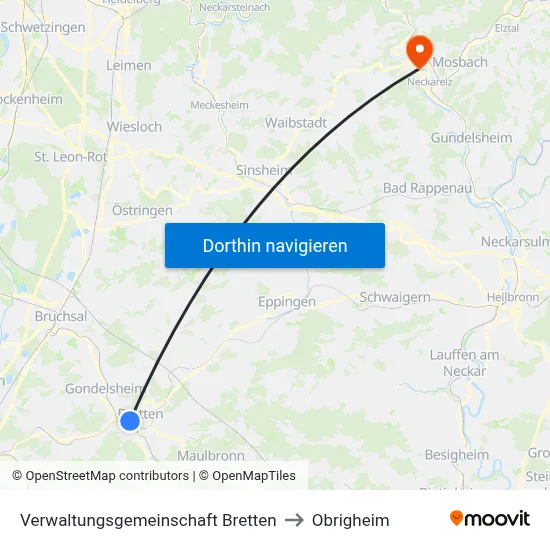 Verwaltungsgemeinschaft Bretten to Obrigheim map