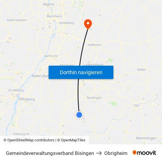 Gemeindeverwaltungsverband Bisingen to Obrigheim map