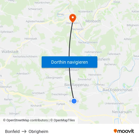 Bonfeld to Obrigheim map