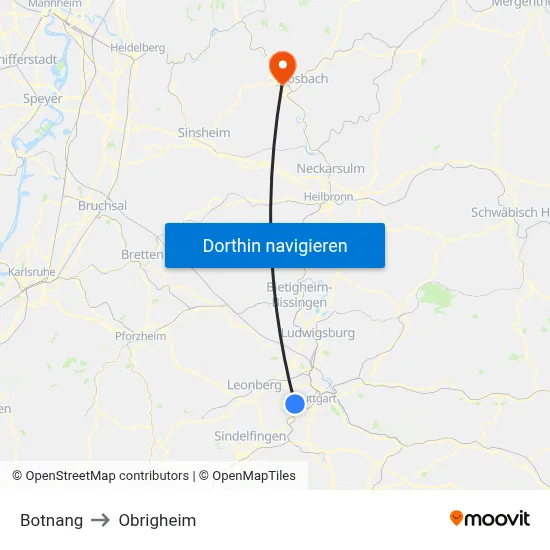 Botnang to Obrigheim map