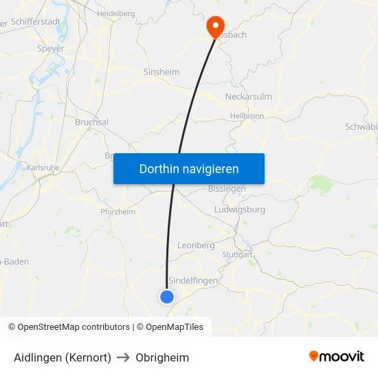 Aidlingen (Kernort) to Obrigheim map