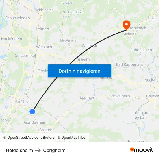 Heidelsheim to Obrigheim map