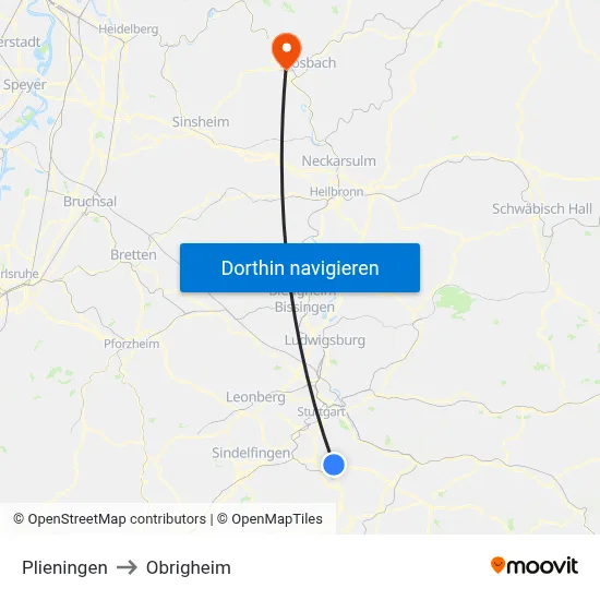 Plieningen to Obrigheim map