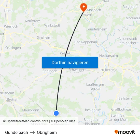 Gündelbach to Obrigheim map