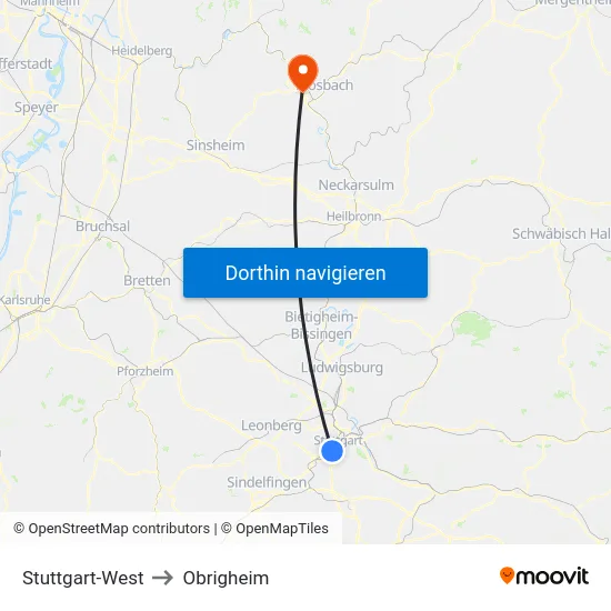 Stuttgart-West to Obrigheim map