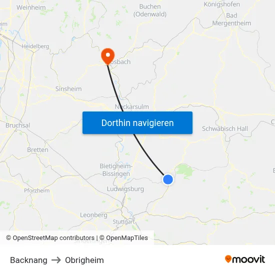 Backnang to Obrigheim map