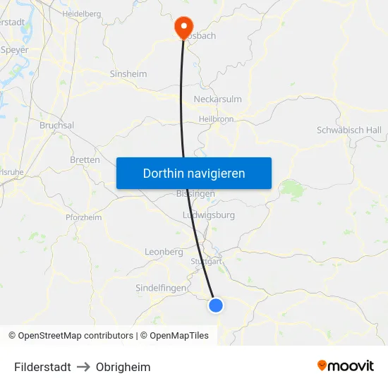 Filderstadt to Obrigheim map