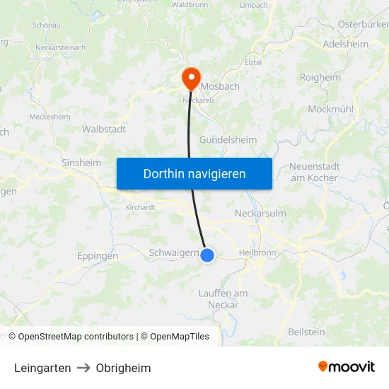 Leingarten to Obrigheim map
