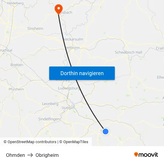 Ohmden to Obrigheim map