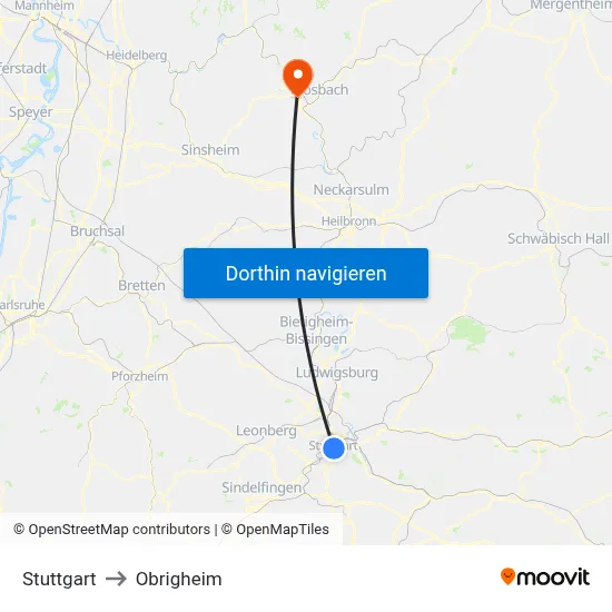 Stuttgart to Obrigheim map