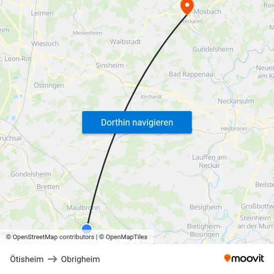 Ötisheim to Obrigheim map