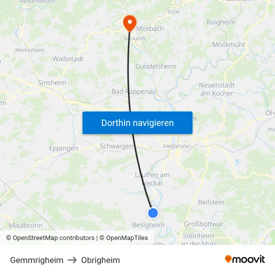 Gemmrigheim to Obrigheim map