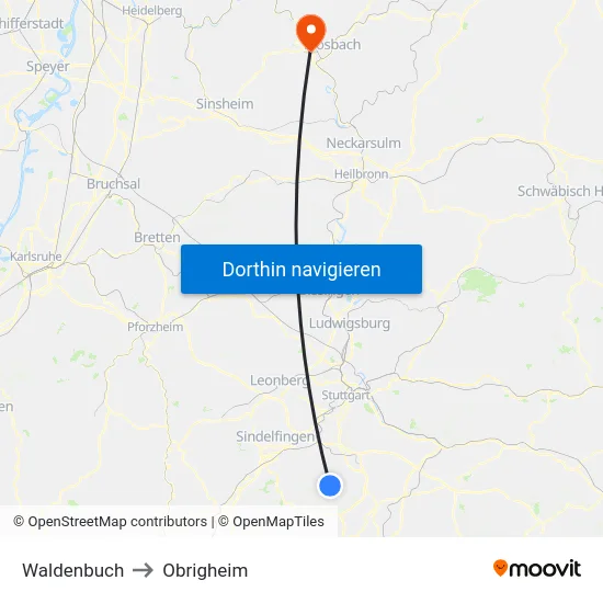 Waldenbuch to Obrigheim map