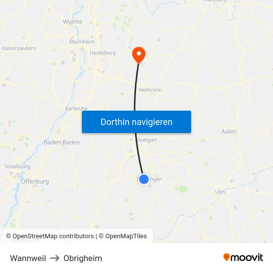 Wannweil to Obrigheim map