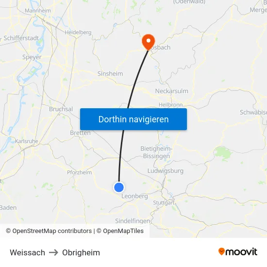 Weissach to Obrigheim map
