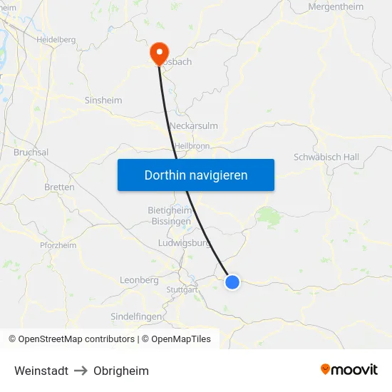 Weinstadt to Obrigheim map