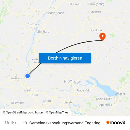 Müllheim to Gemeindeverwaltungsverband Engstingen map