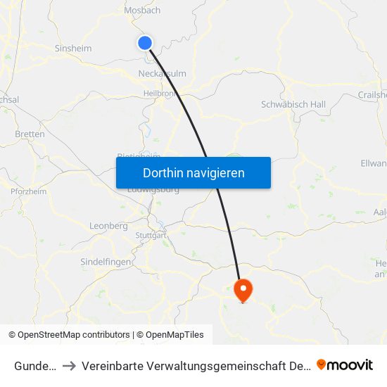Gundelsheim to Vereinbarte Verwaltungsgemeinschaft Der Stadt Weilheim An Der Teck map